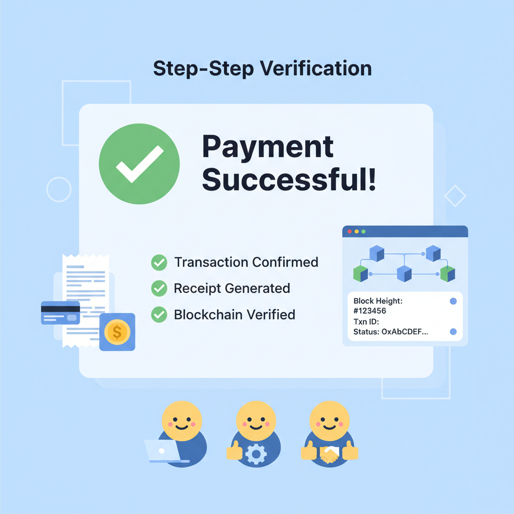 post-pay verification screen with green success ticks, transaction receipts, blockchain explorer view, happy team icons