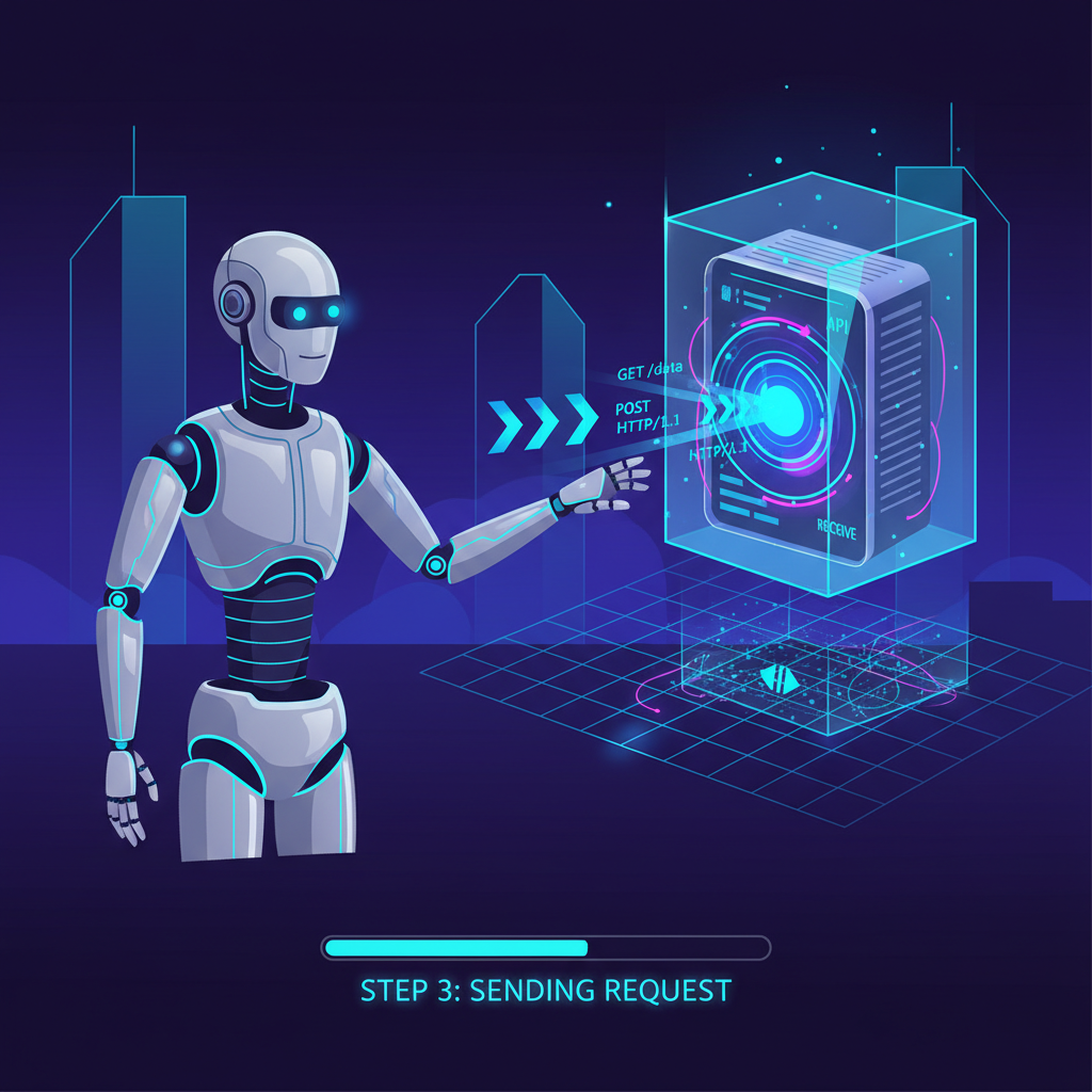 sleek AI robot sending HTTP request to glowing API server, futuristic neon blues, cyberpunk style