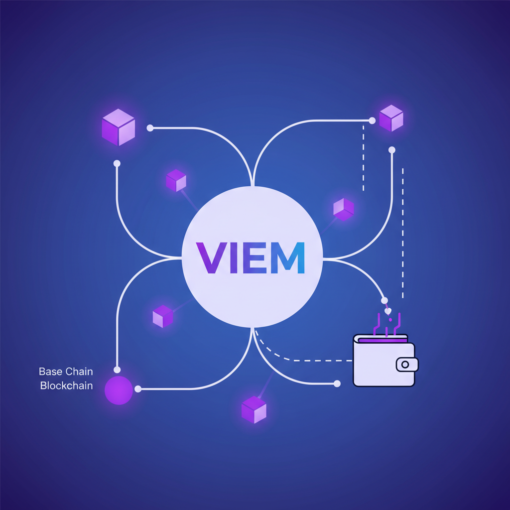 viem logo with Base chain blockchain nodes connecting to digital wallet, vibrant purple energies