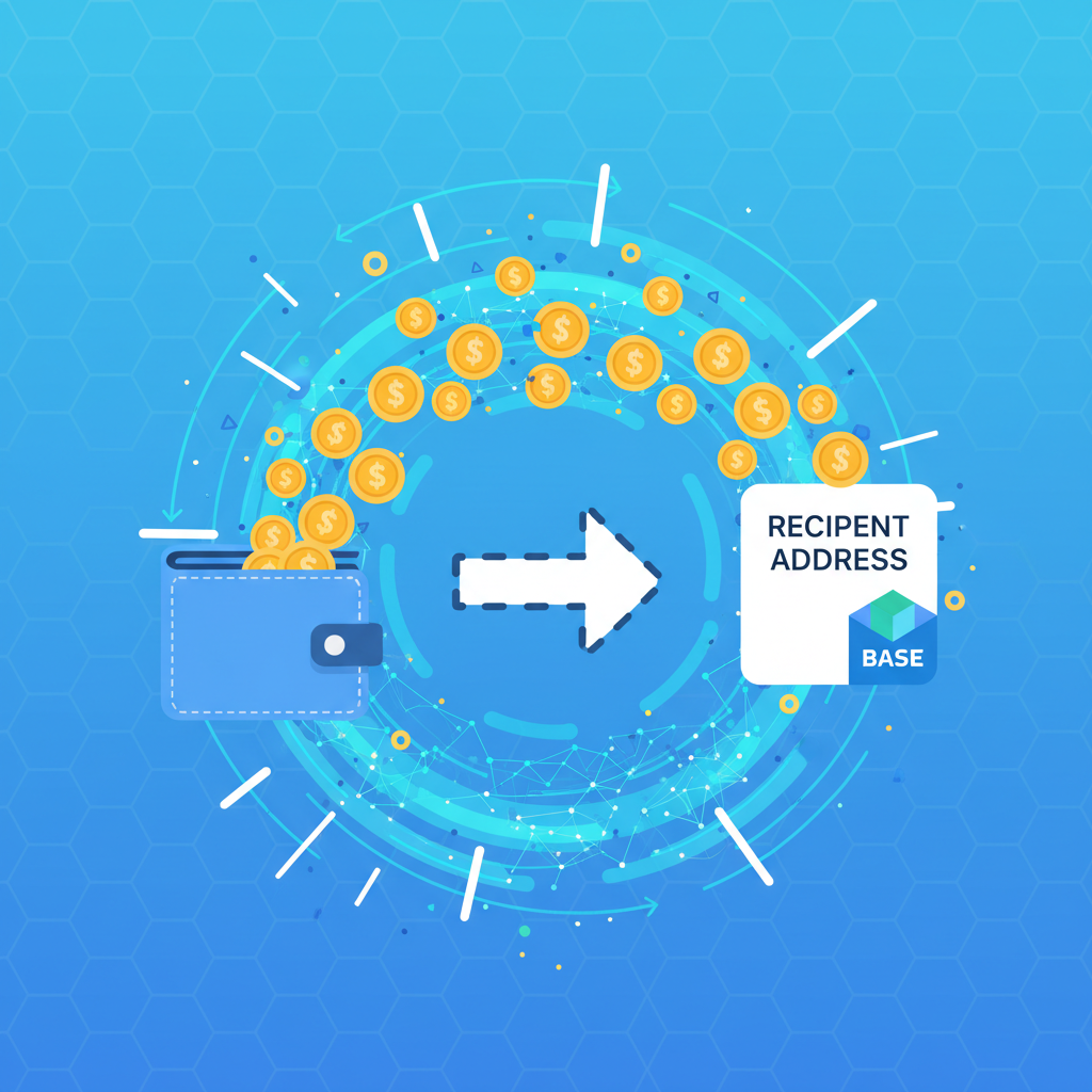 USDC coins flying from wallet to recipient address on Base blockchain, explosive transaction animation