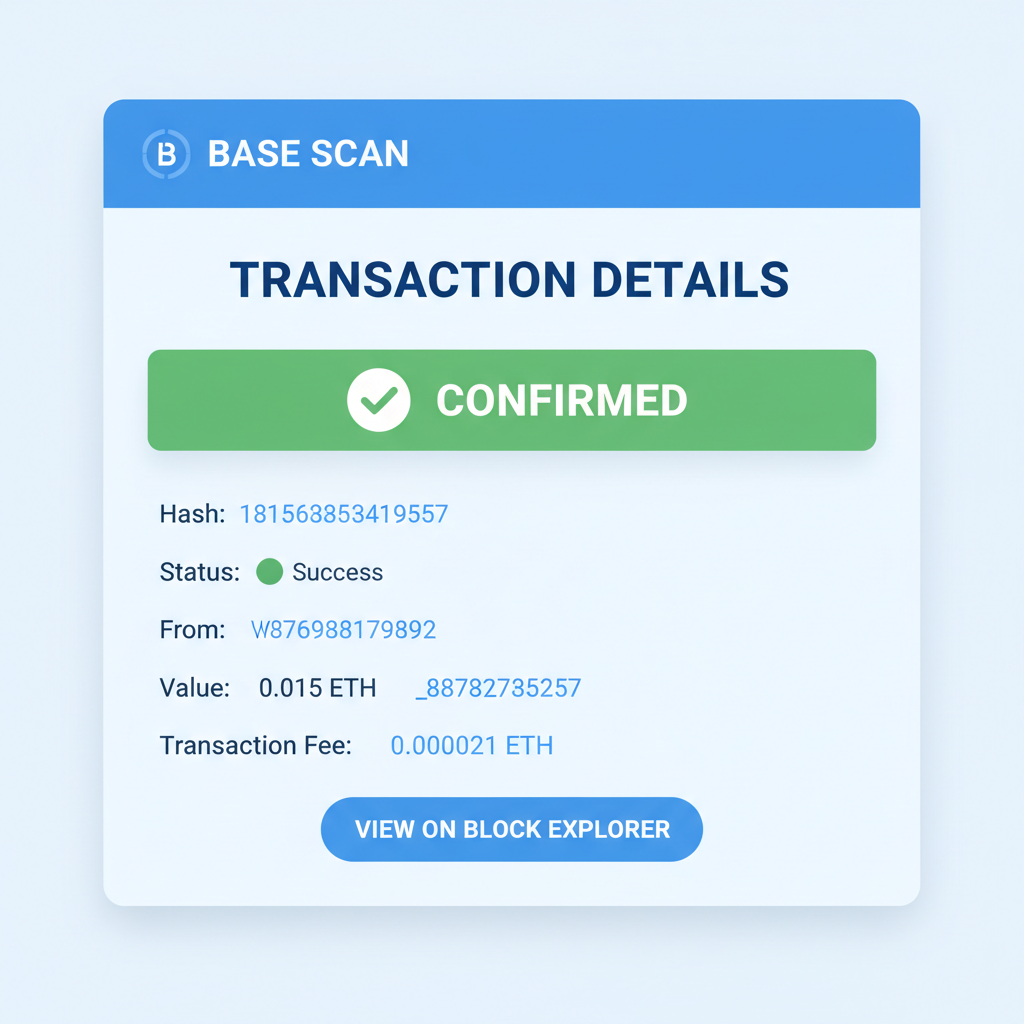 blockchain explorer screen showing confirmed green transaction receipt on Base network