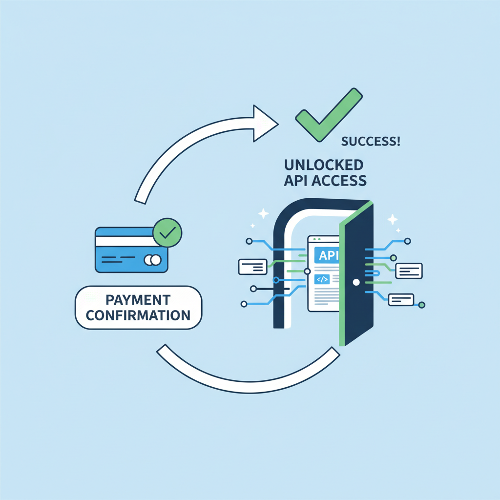 arrow looping back from payment confirmation to unlocked API door, success checkmark