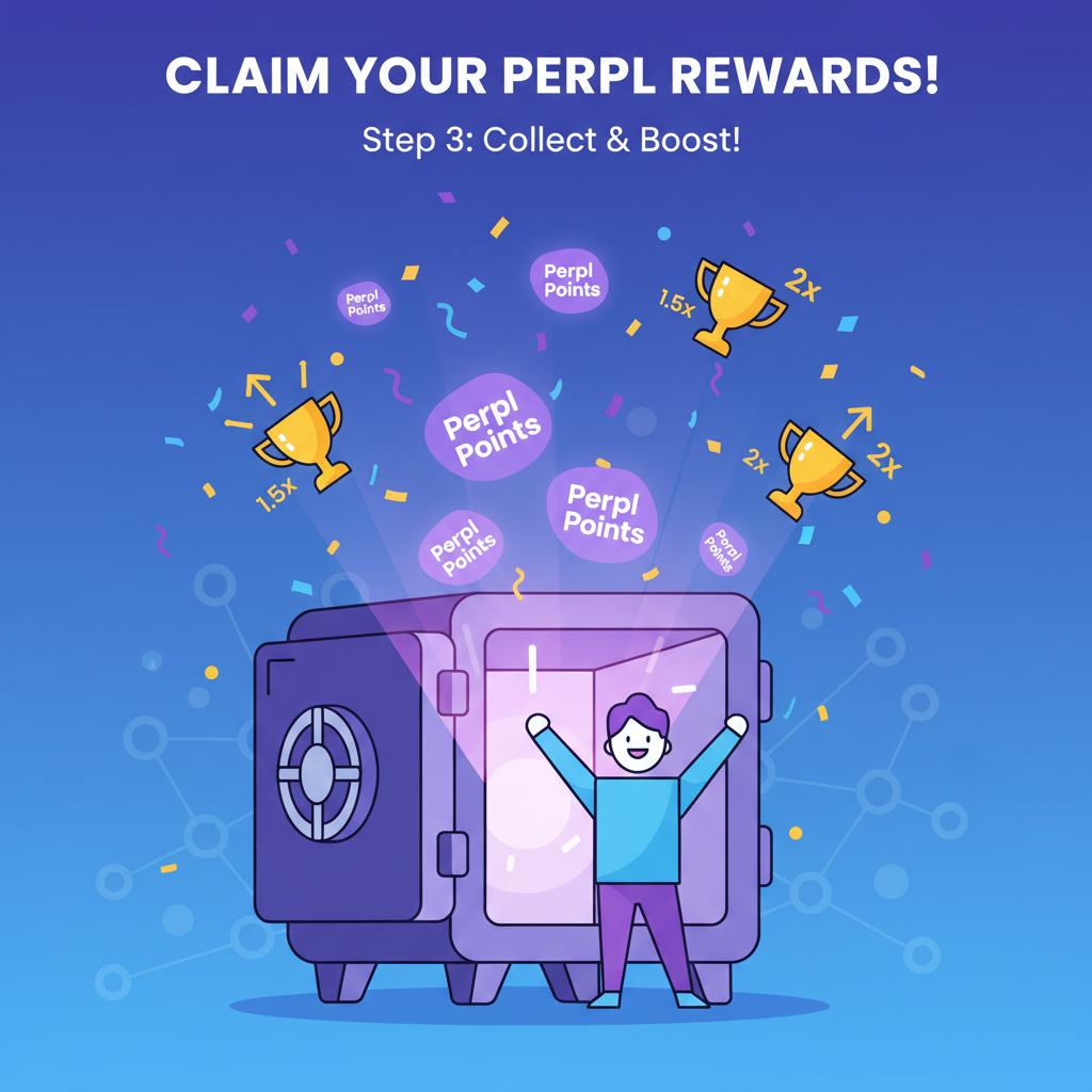 claiming glowing Perpl points rewards from vault, trophy icons and boost multipliers, celebratory DeFi scene