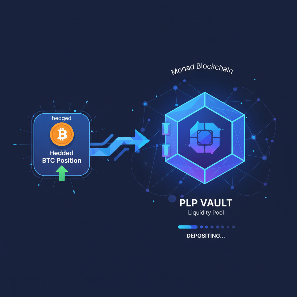 depositing hedged BTC positions into glowing PLP vault, liquidity pool visualization, Monad blockchain theme