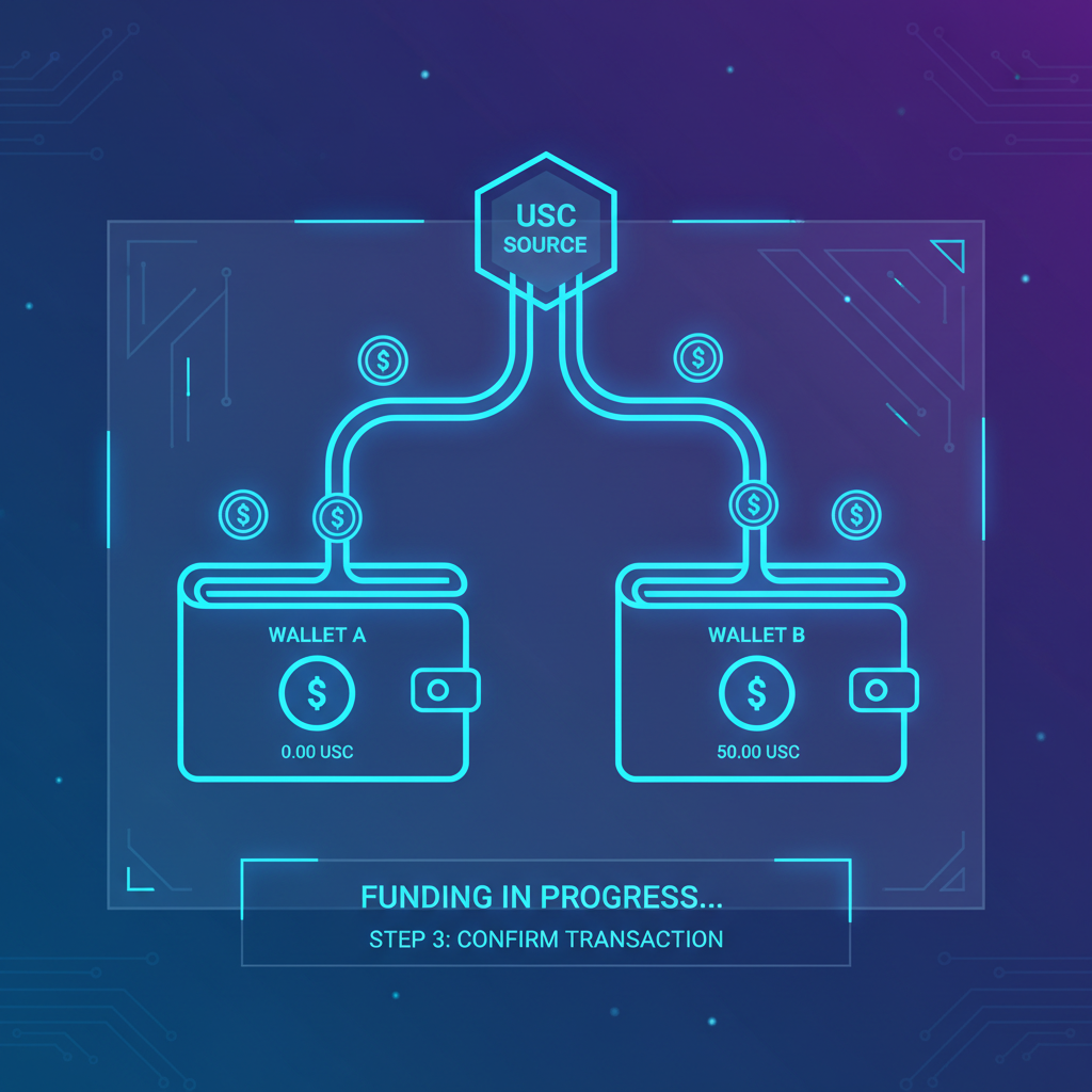 two crypto wallets being funded with USDC stablecoins, neon blue glow, futuristic DeFi interface