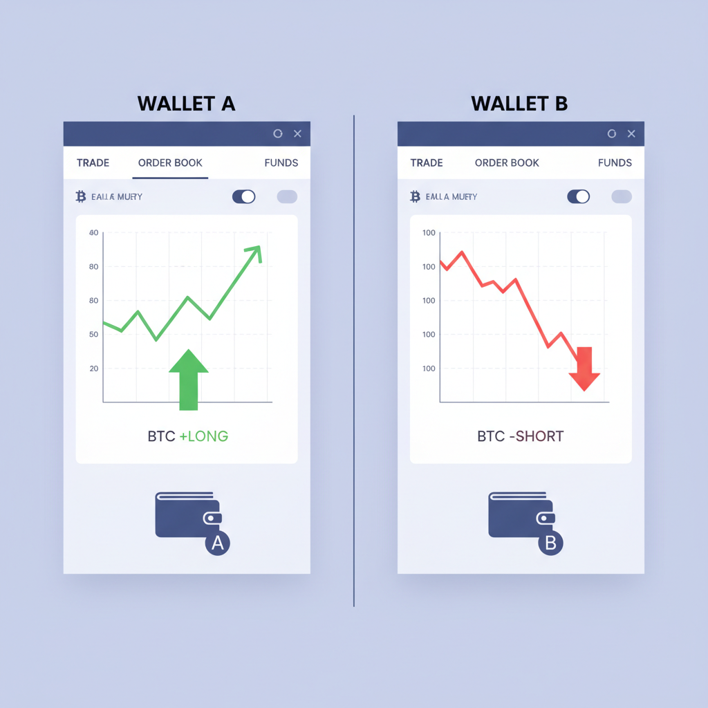 split screen: wallet A long BTC chart green arrow up, wallet B short BTC chart red arrow down, perp DEX trading interface