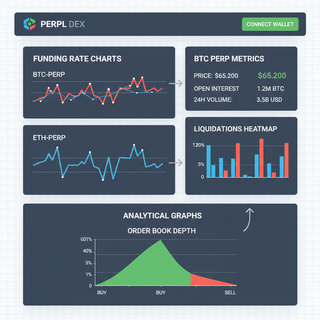 Perpl DEX dashboard screen showing funding rate charts, BTC perp metrics, analytical graphs