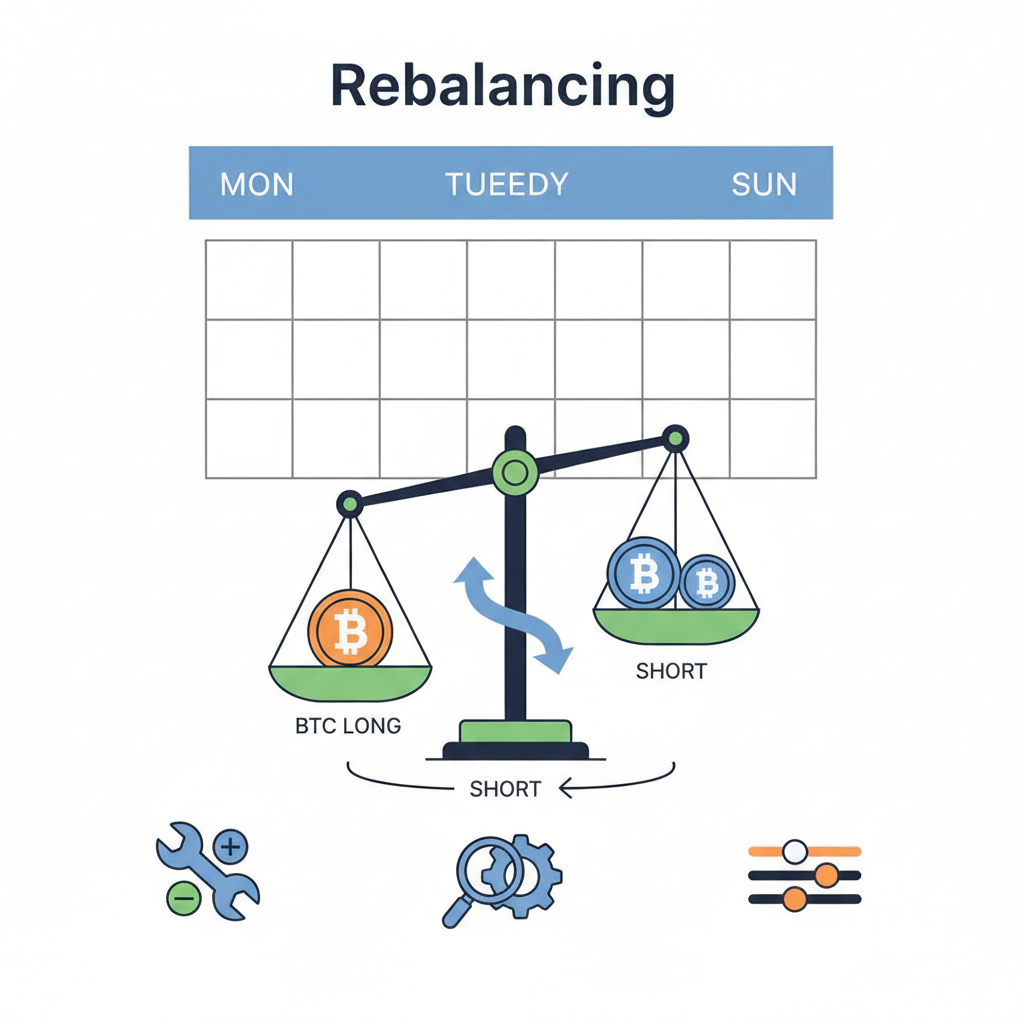 calendar week view with rebalancing scales tipping BTC long short positions, precision adjustment tools