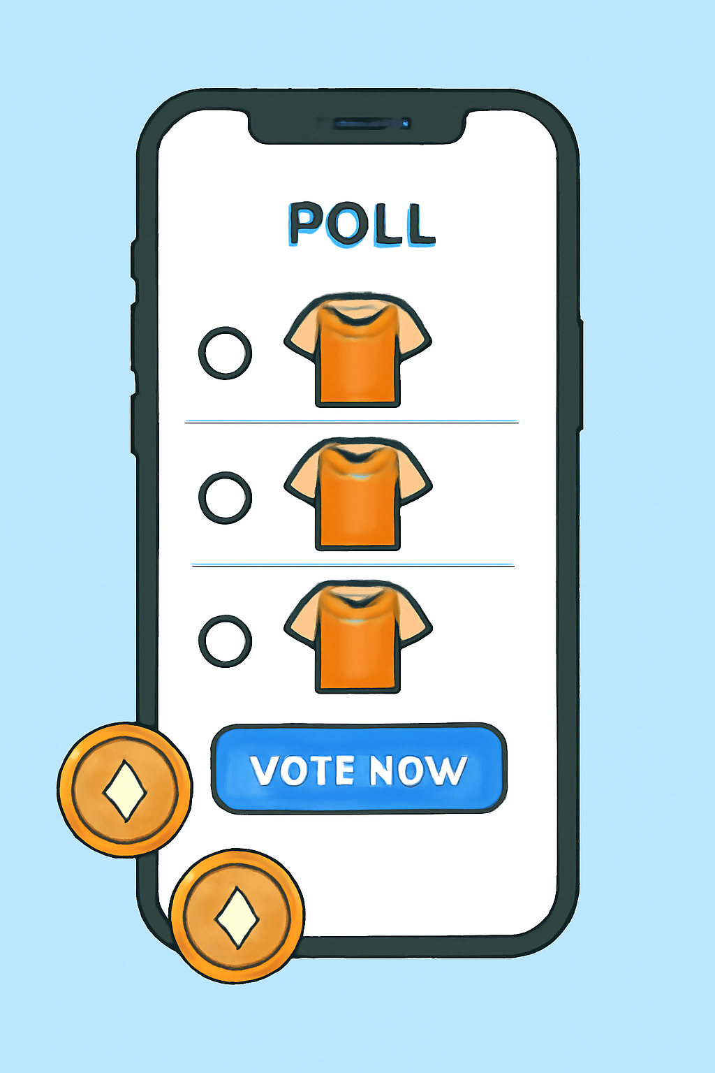 A smartphone displaying a poll with options for jersey designs and a 'Vote Now' button, with fan token icons visible.