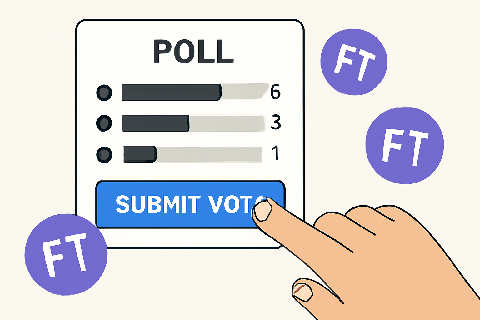 A finger tapping a 'Submit Vote' button on a digital poll, with a tally of votes and fan token icons in the background.