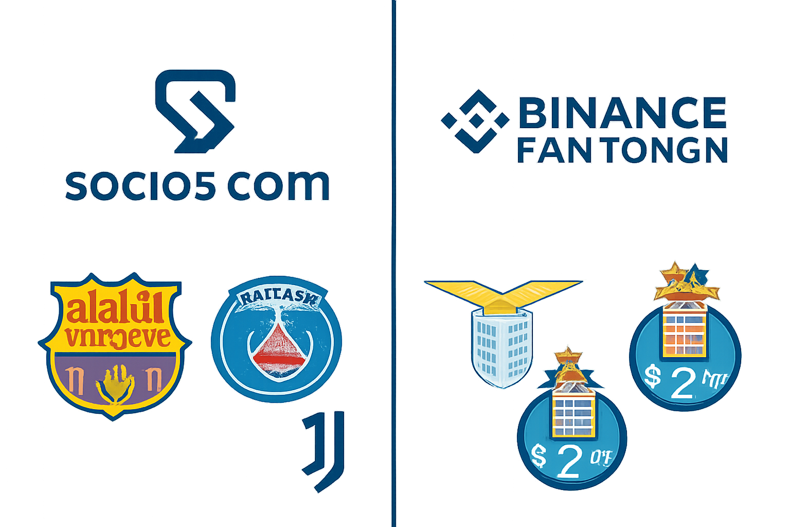 A split screen showing the Socios.com and Binance Fan Token logos, with popular football club badges underneath each platform.