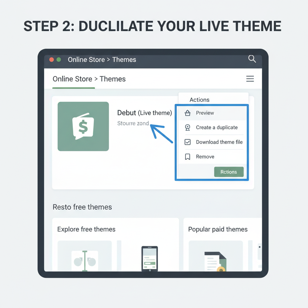 Shopify admin interface showing theme duplication action, simple screenshot style