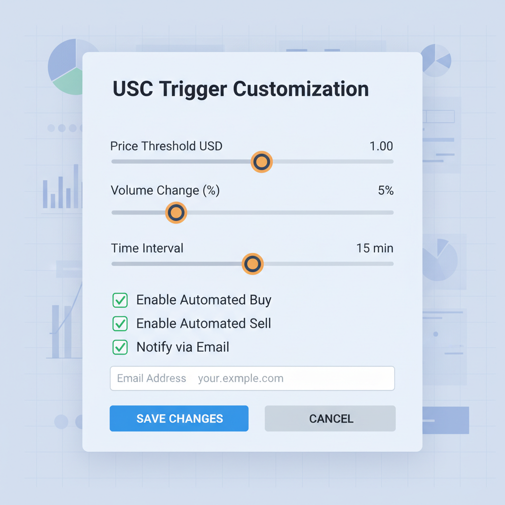 settings panel customizing USDC triggers in a dashboard, sliders and checkboxes