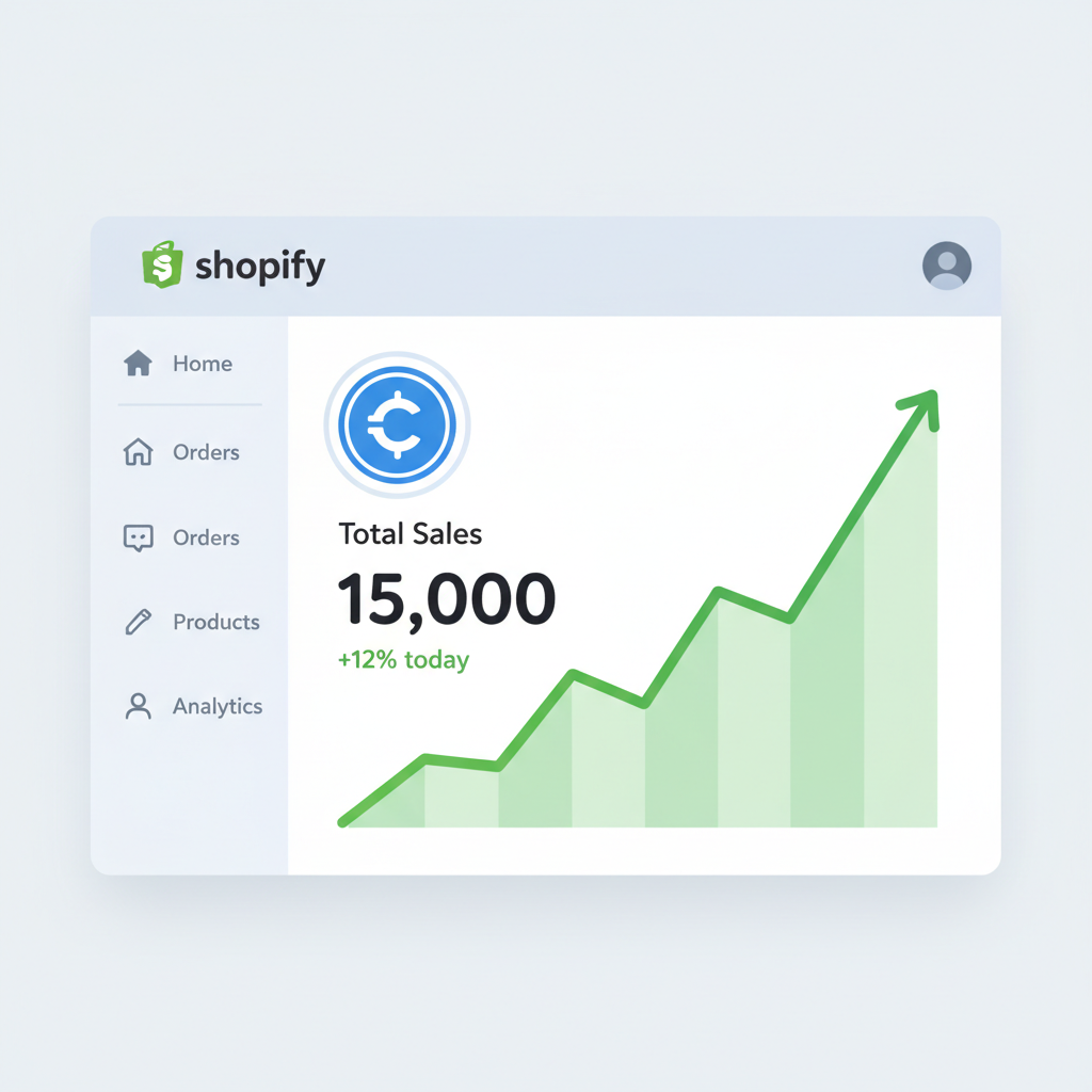Shopify analytics dashboard showing rising sales graph with USDC icon