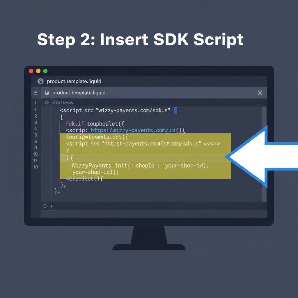 code editor with Shopify Liquid file open, SDK script insertion highlighted