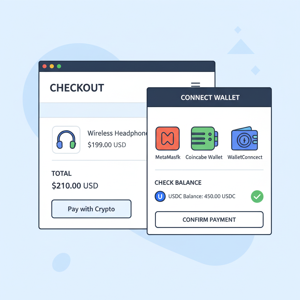 Shopify checkout page with crypto wallet popup and USDC balance check