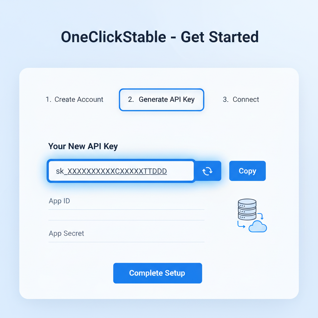 clean dashboard screenshot of OneClickStable signup page with API key highlighted, modern UI, blue accents