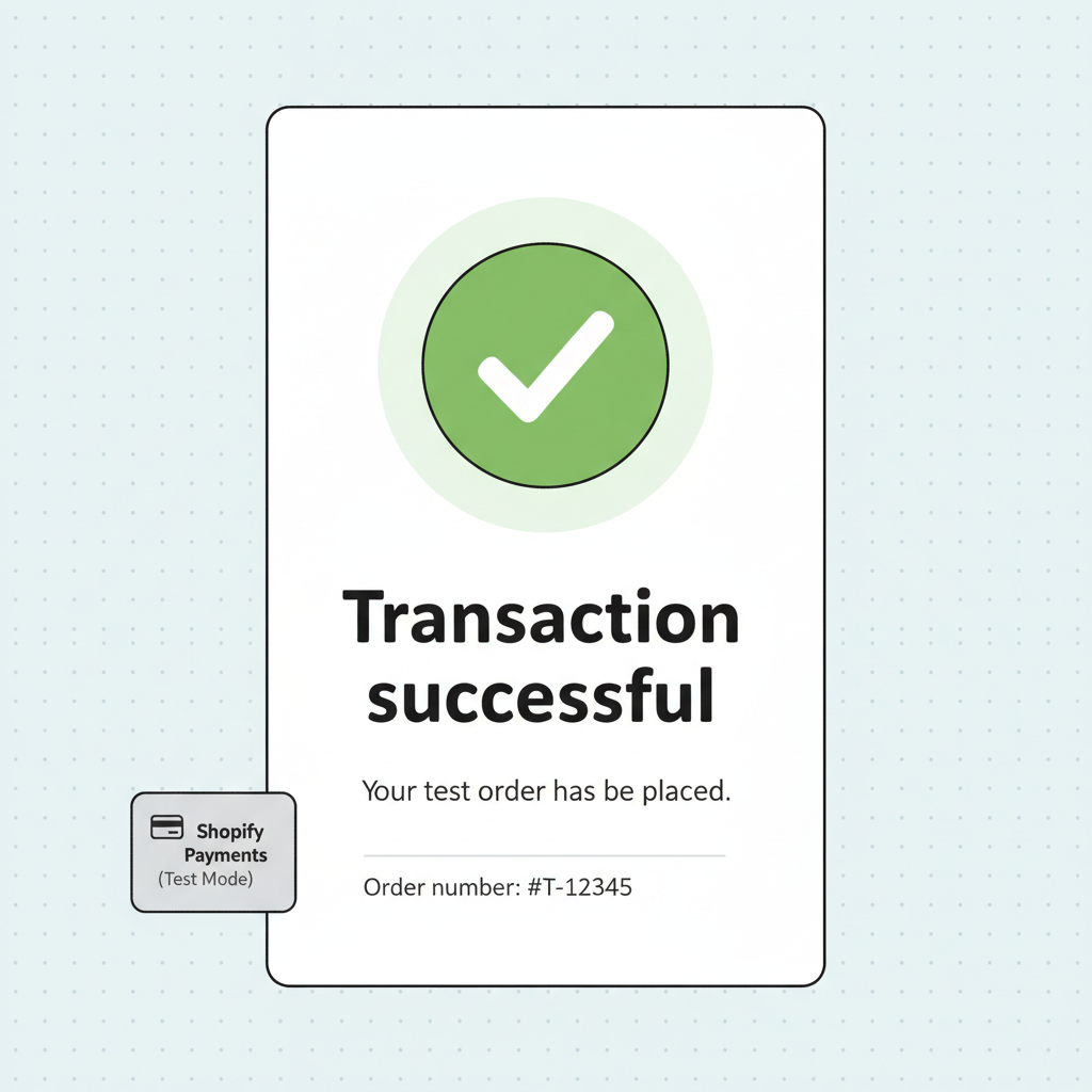 successful test transaction screen on Shopify checkout with green checkmark