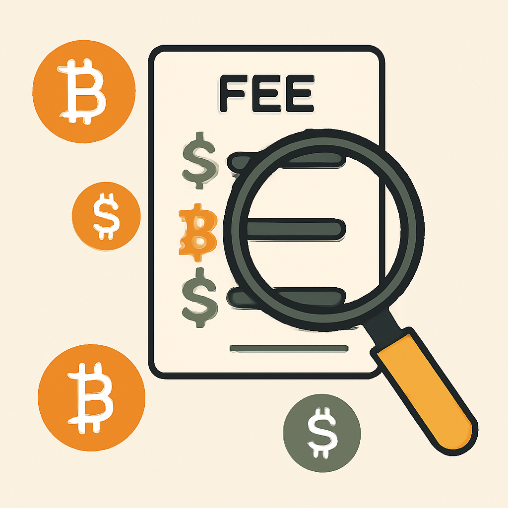 A magnifying glass over a fee chart, with Bitcoin symbols and dollar signs