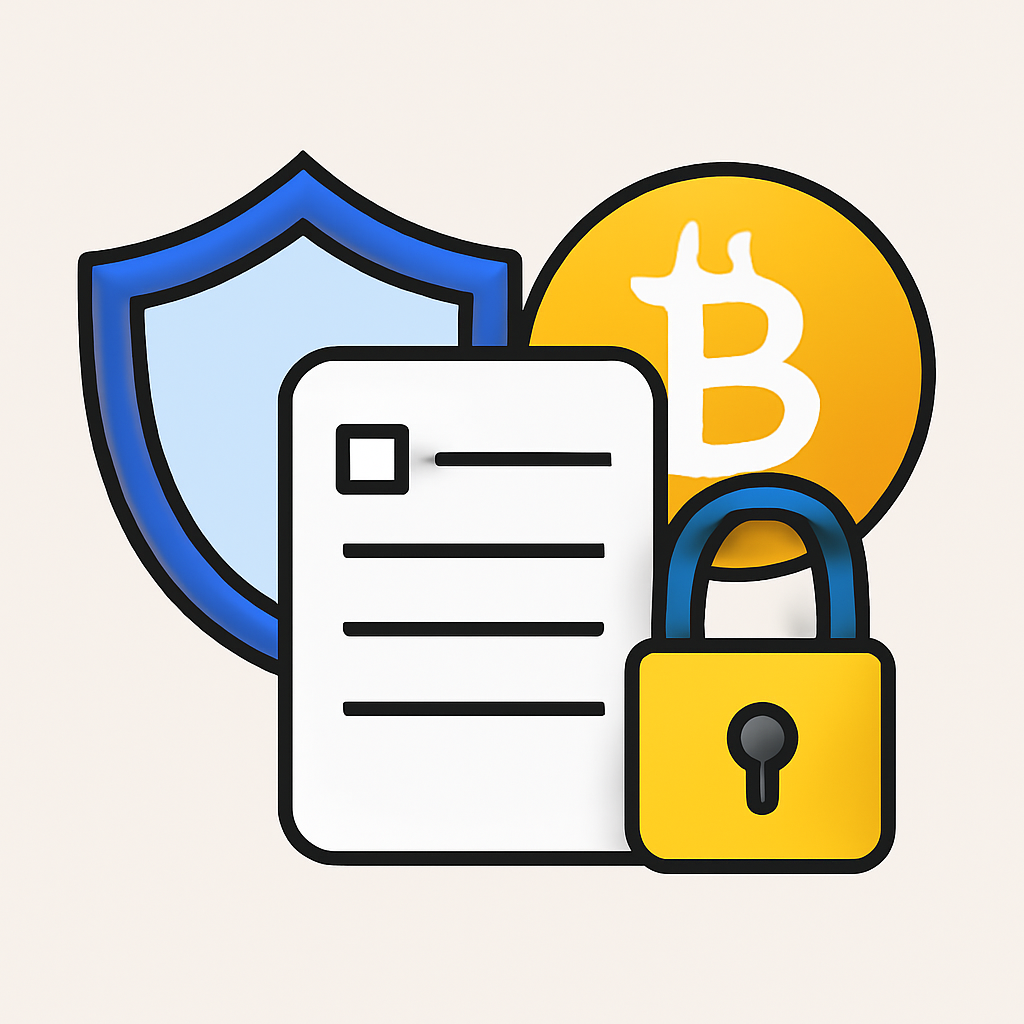 A digital shield, regulatory document, and a padlock overlaying a Bitcoin logo