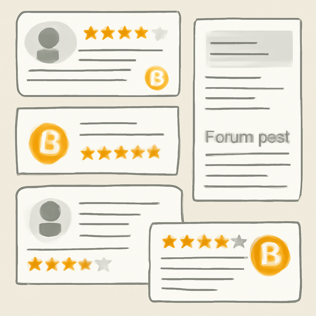 A collage of online reviews, forum posts, and star ratings with Bitcoin symbols