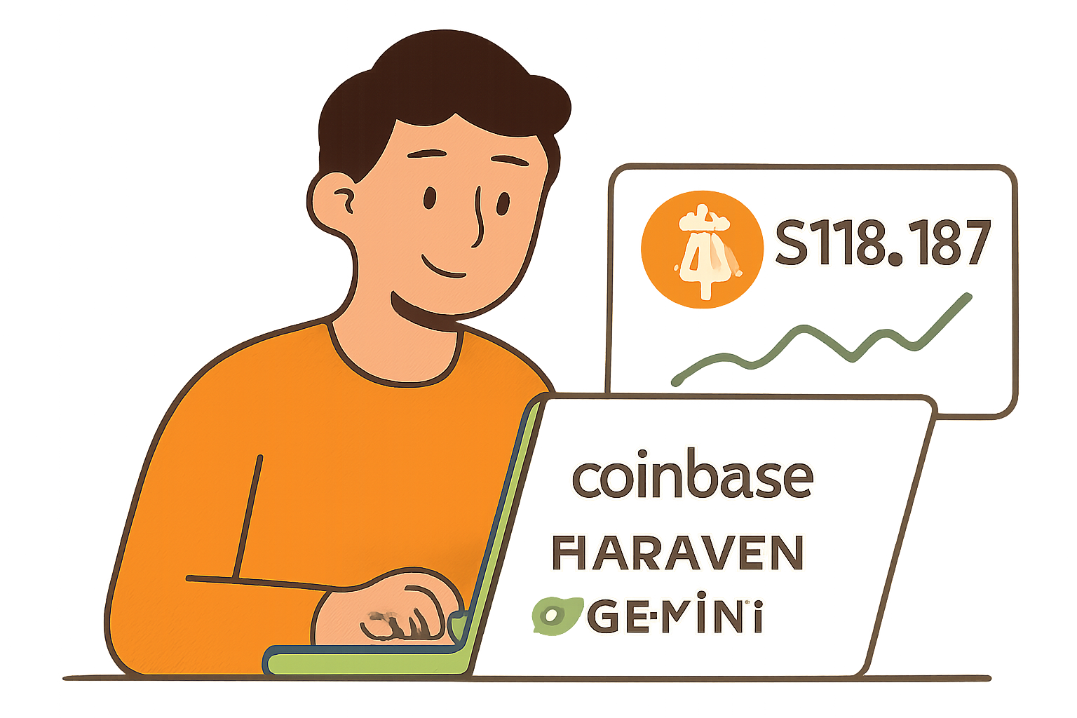 A friendly person browsing a laptop with logos of Coinbase, Kraken, and Gemini, and a Bitcoin price chart showing $118,187