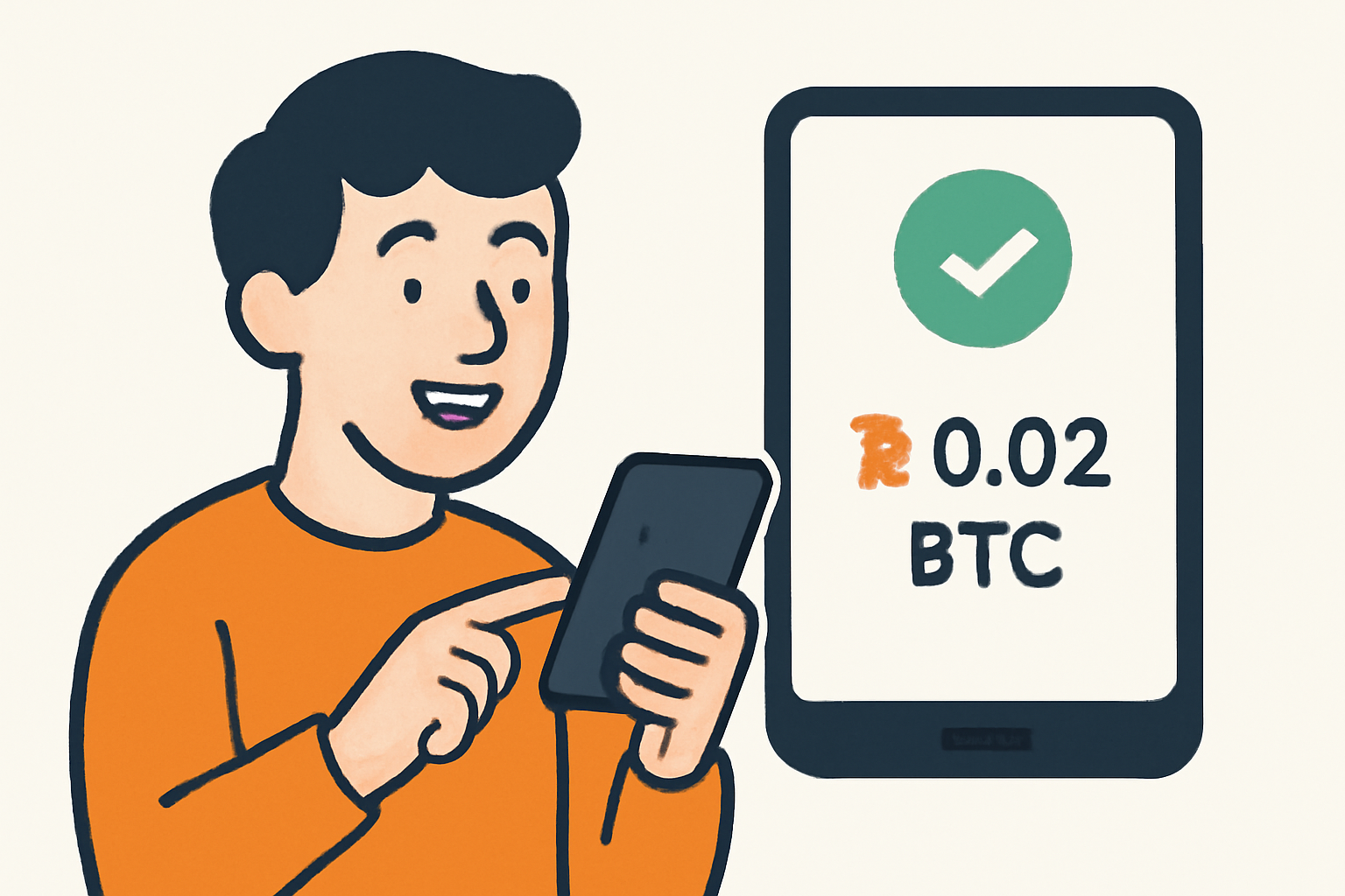 A person happily making a small Bitcoin purchase on a smartphone, with a confirmation screen showing a small amount