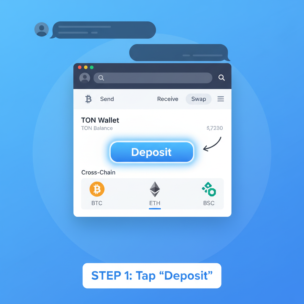 TON Wallet interface in Telegram with Deposit button highlighted, cross-chain options visible, blue TON theme