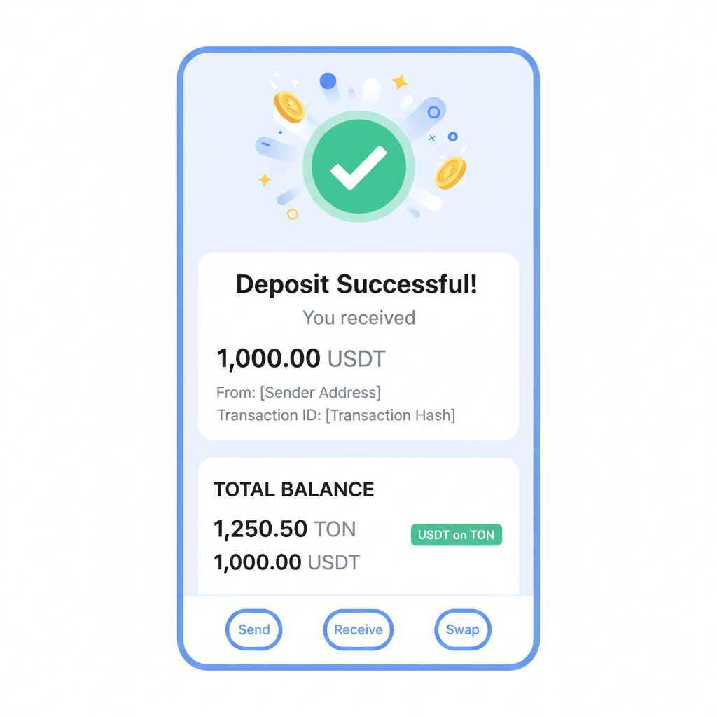 TON Wallet balance screen showing new USDT on TON deposit, success checkmark, celebratory crypto graphics