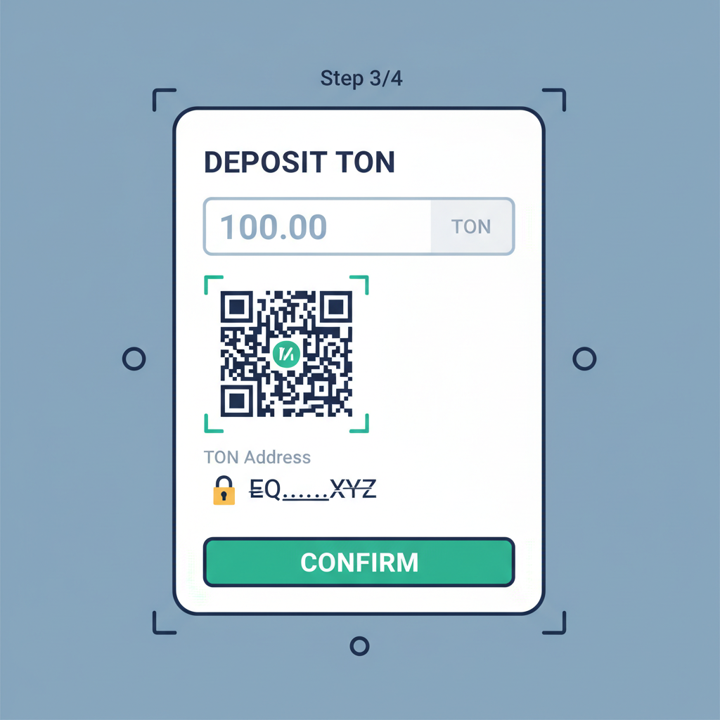 Deposit form in TON Wallet showing amount input, QR code and address, secure lock icon