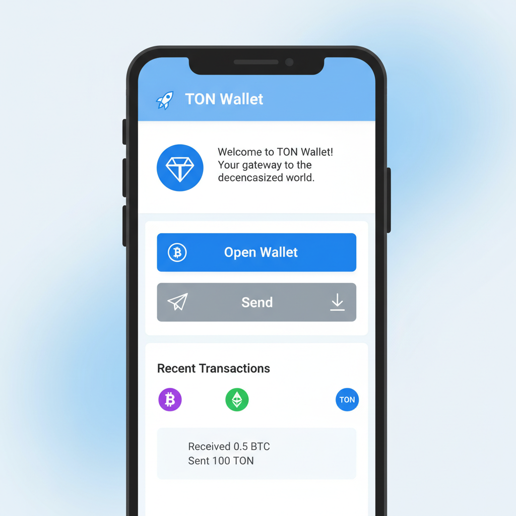 Telegram app on smartphone screen showing TON Wallet bot open, clean modern UI, crypto icons