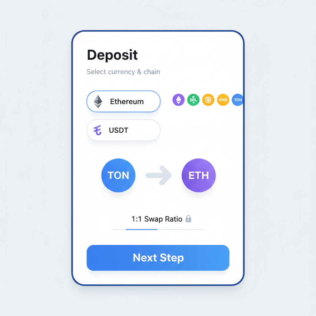 TON Wallet deposit screen selecting Ethereum USDT, chain icons like ETH Solana, 1:1 swap indicator