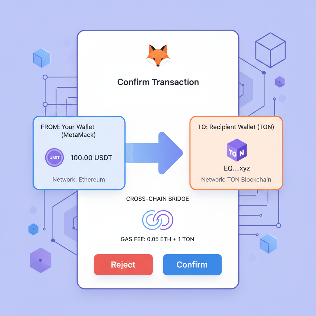 MetaMask wallet sending USDT to TON address, transaction confirmation screen, blockchain visuals