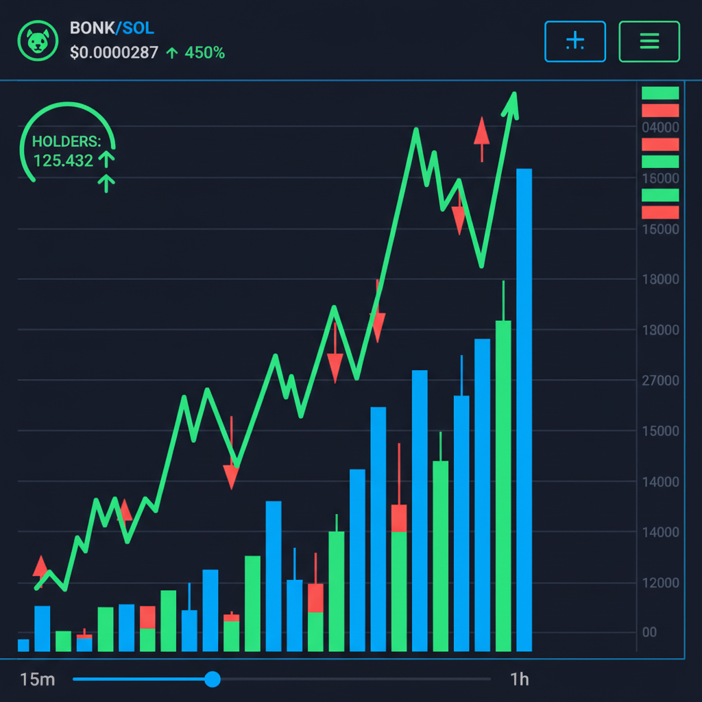 Dexscreener chart for Solana memecoin pumping hard, volume bars exploding, holders count rising, dark mode neon charts