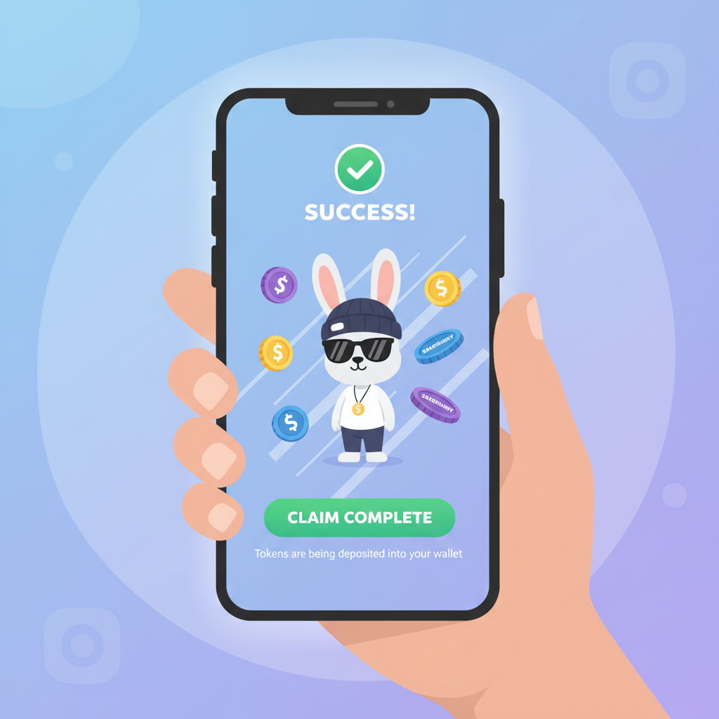 Wallet approval screen for $BADBUNNY airdrop claim, success animation with tokens raining, Solana speed lines