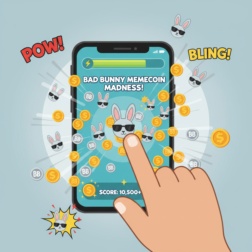 Mobile screen showing finger tapping Bad Bunny memecoin game, exploding coins, energy bar filling, dynamic action