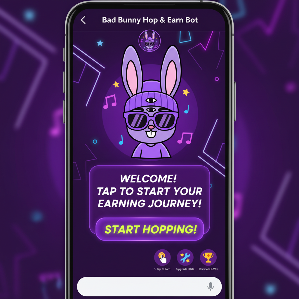 Telegram bot chat interface with Bad Bunny cartoon mascot, vibrant purple neon theme, tap-to-earn game start screen