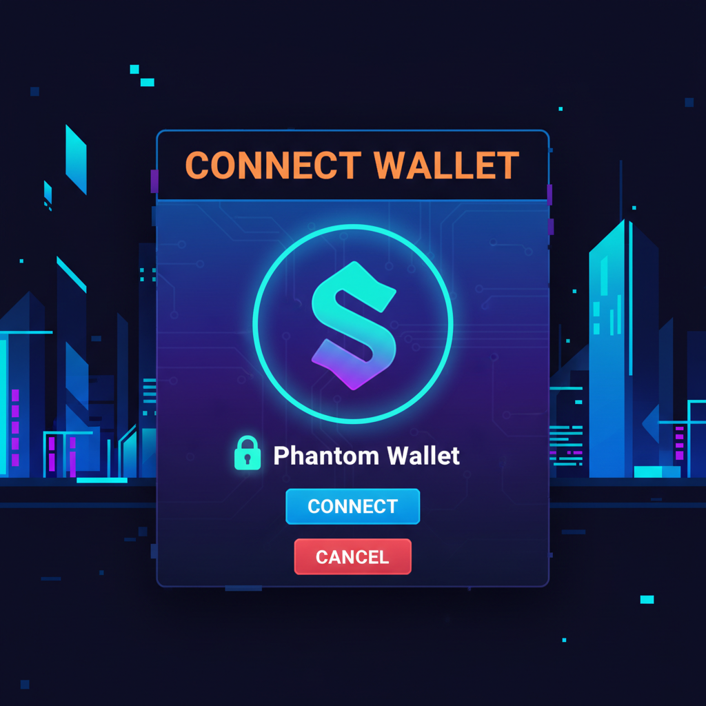 Phantom wallet connect popup on Telegram game, Solana logo glowing, secure lock icon, cyberpunk style