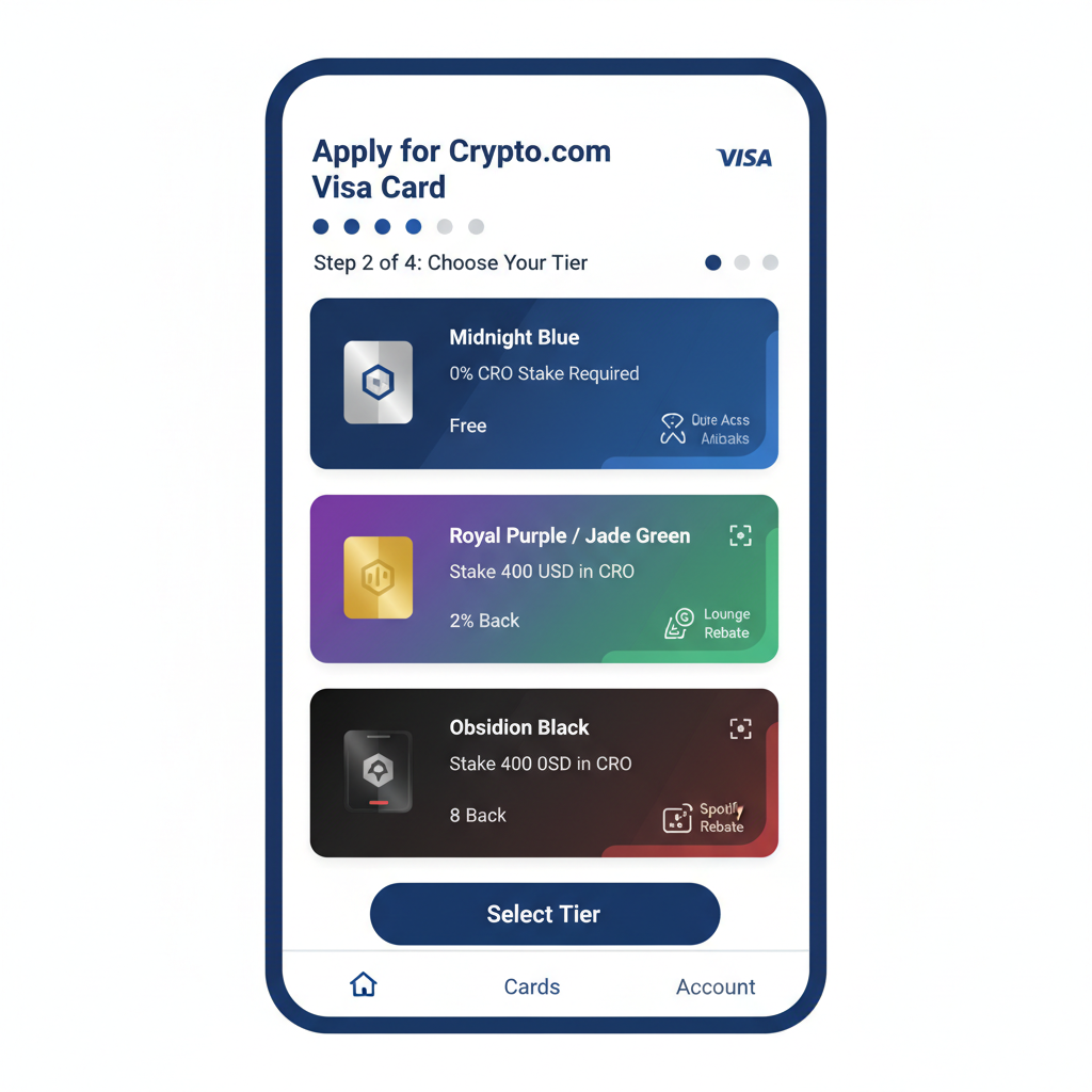 Crypto.com app screen applying for Visa credit card with tier options