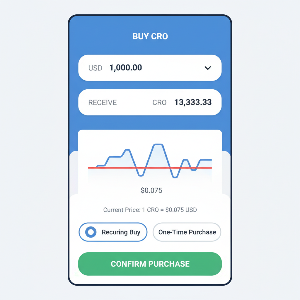 crypto wallet interface buying CRO tokens with USD price chart at $0.075