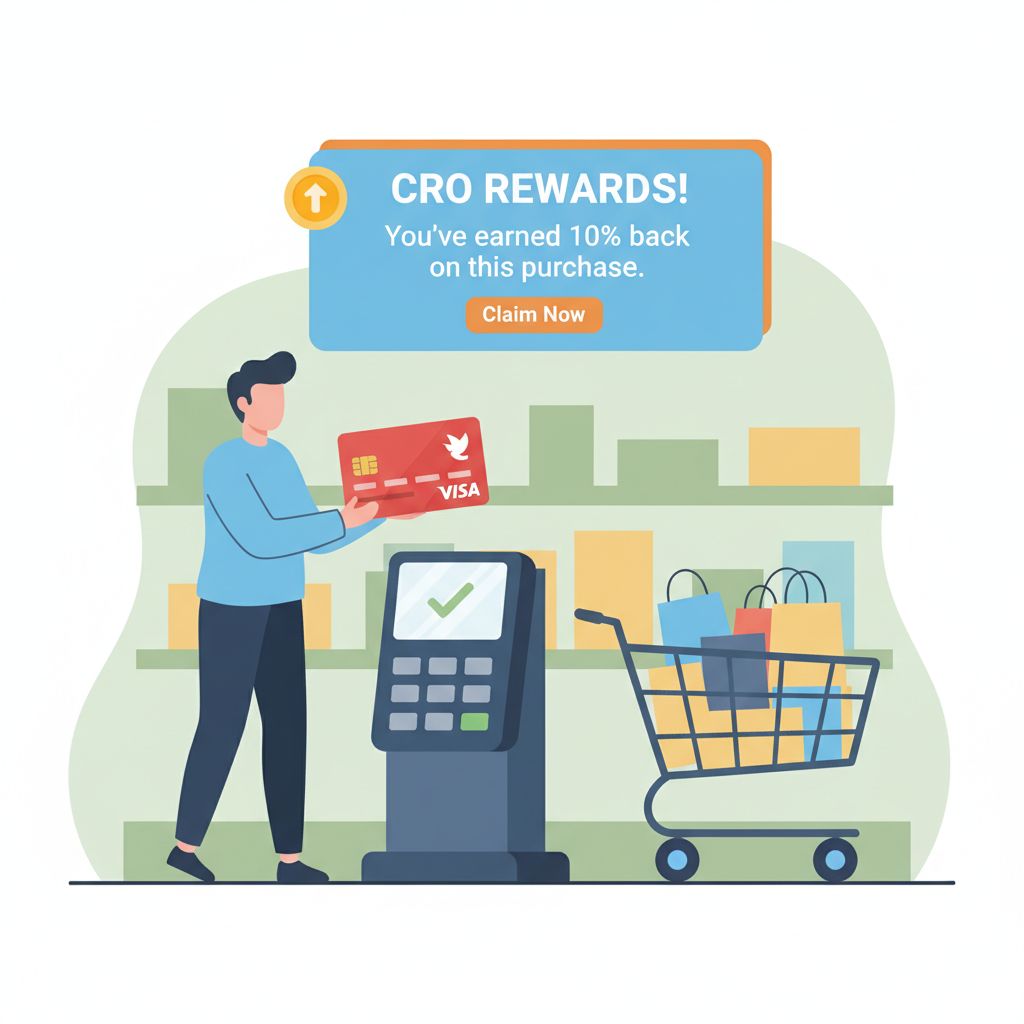 person shopping with Visa card at store, CRO rewards notification popup