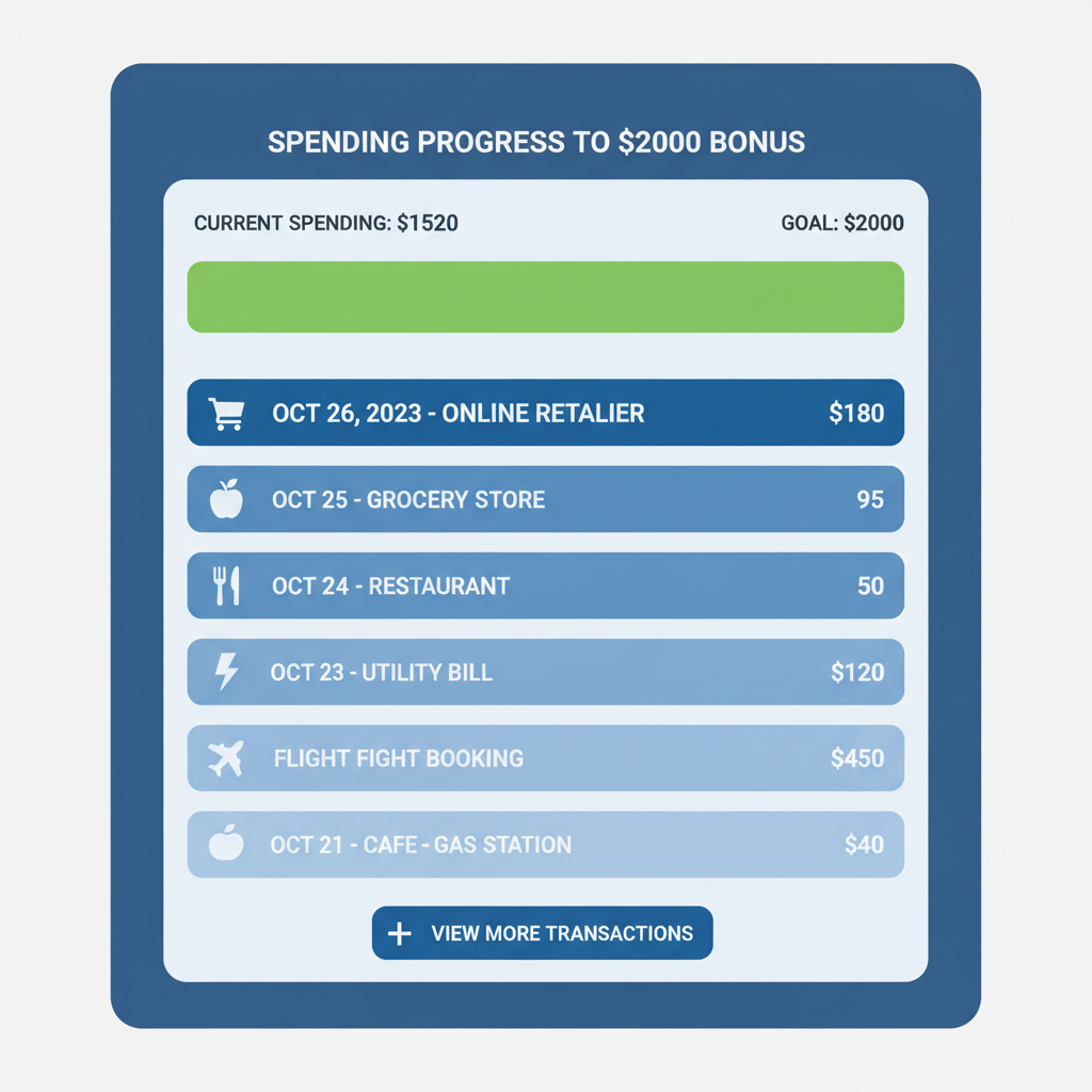 credit card transaction history showing spending progress to $2000 bonus