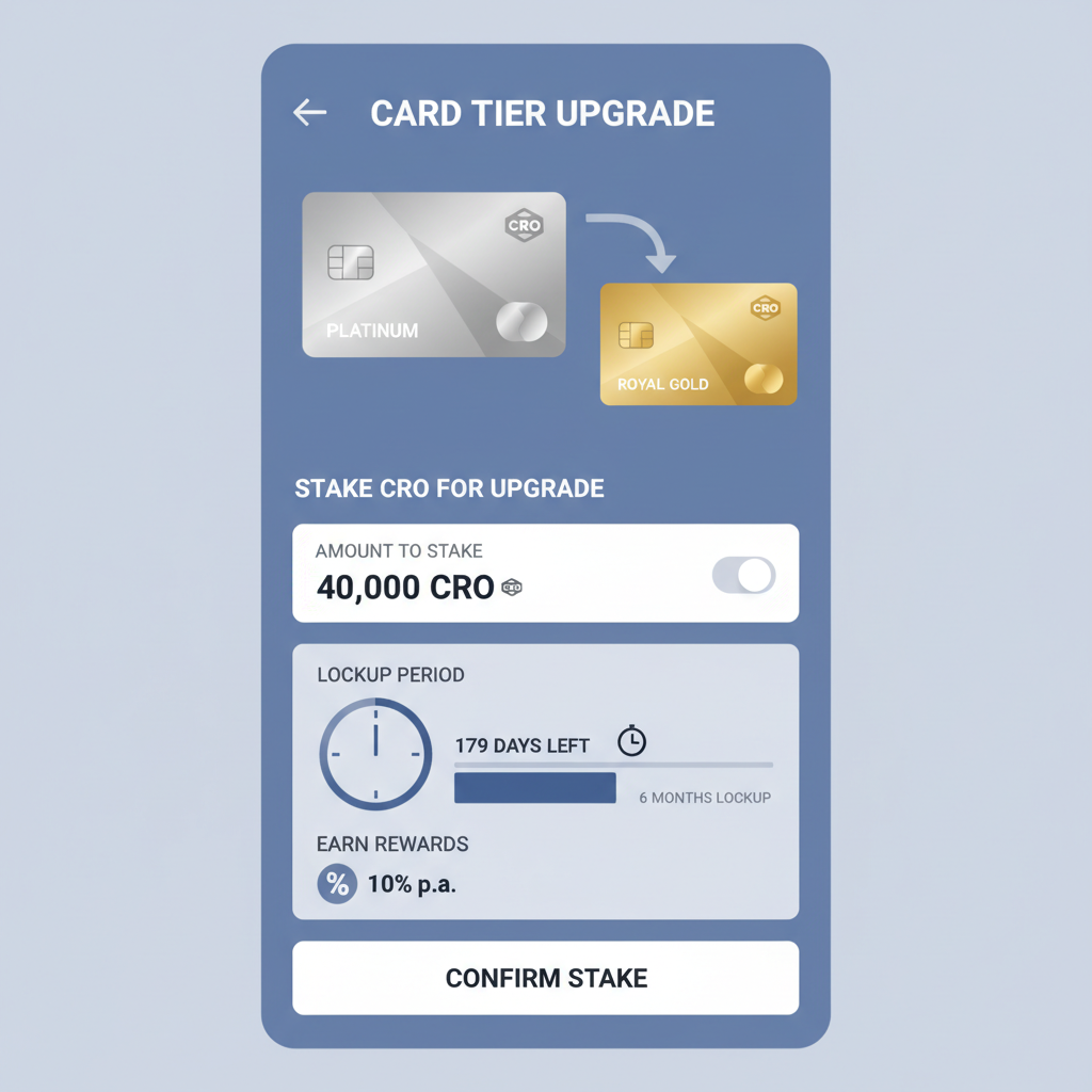 app screen staking CRO tokens for card tier upgrade with lockup timer