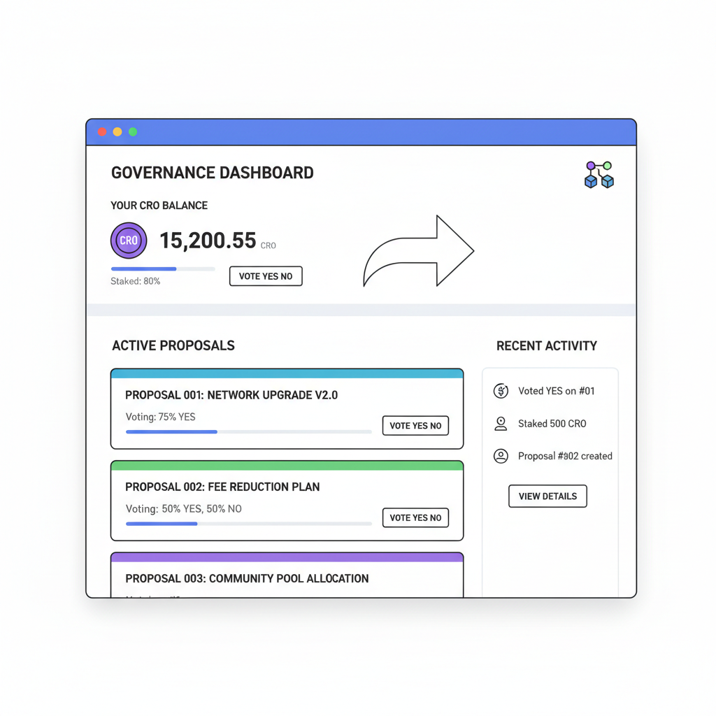 blockchain governance voting dashboard with CRO token balance and proposals