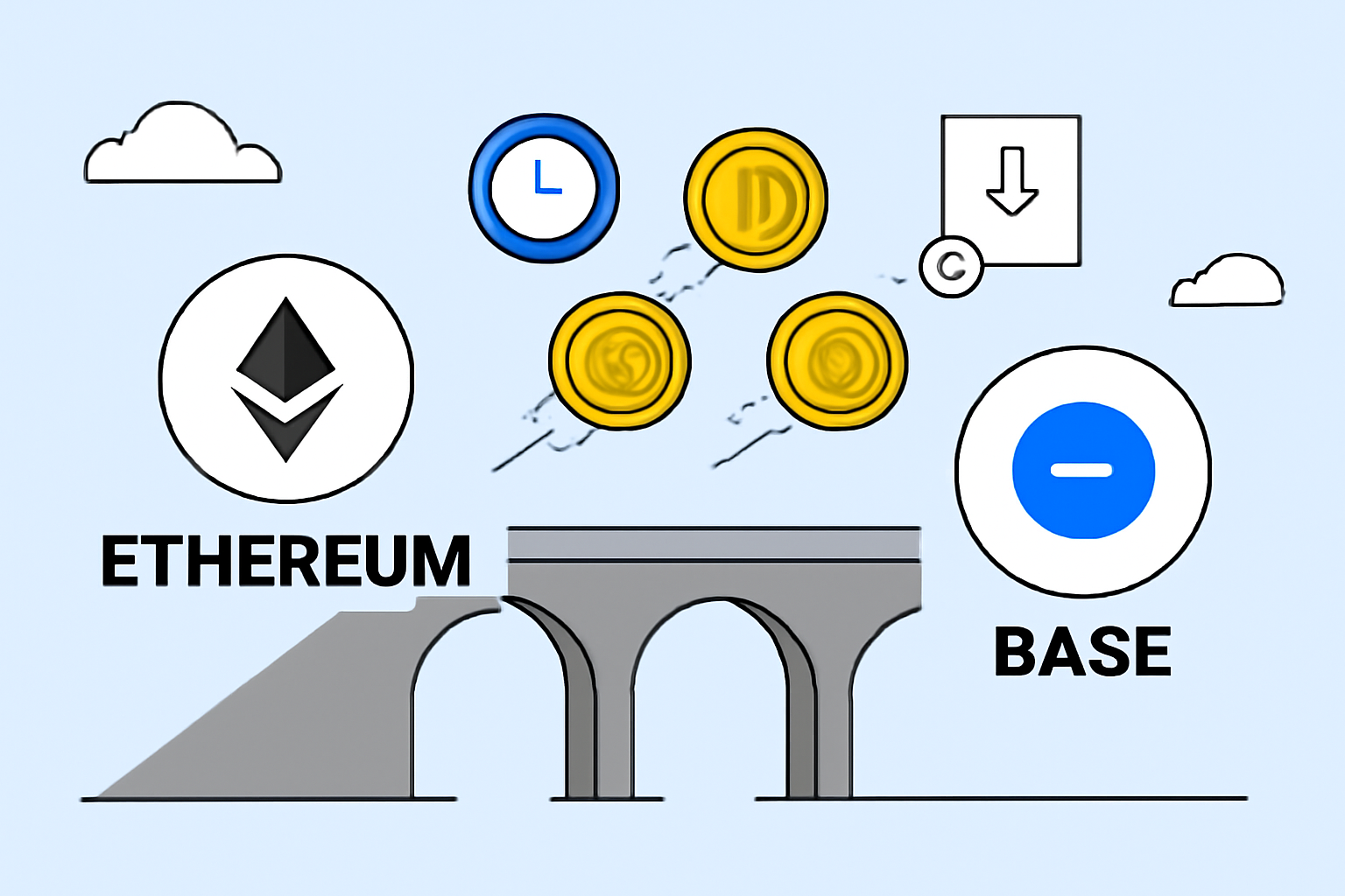A visual bridge connecting two blockchain networks, with coins moving from Ethereum to Base, highlighting speed and reduced fees.