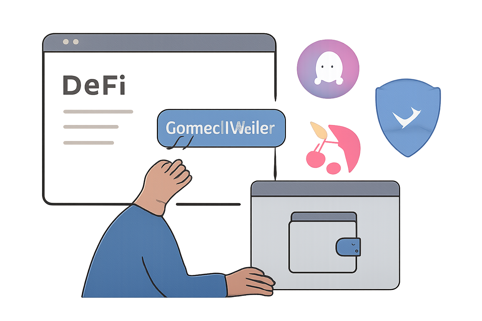 A user connecting their crypto wallet to a DeFi platform interface, with logos of Aave and Uniswap, and a security shield icon.