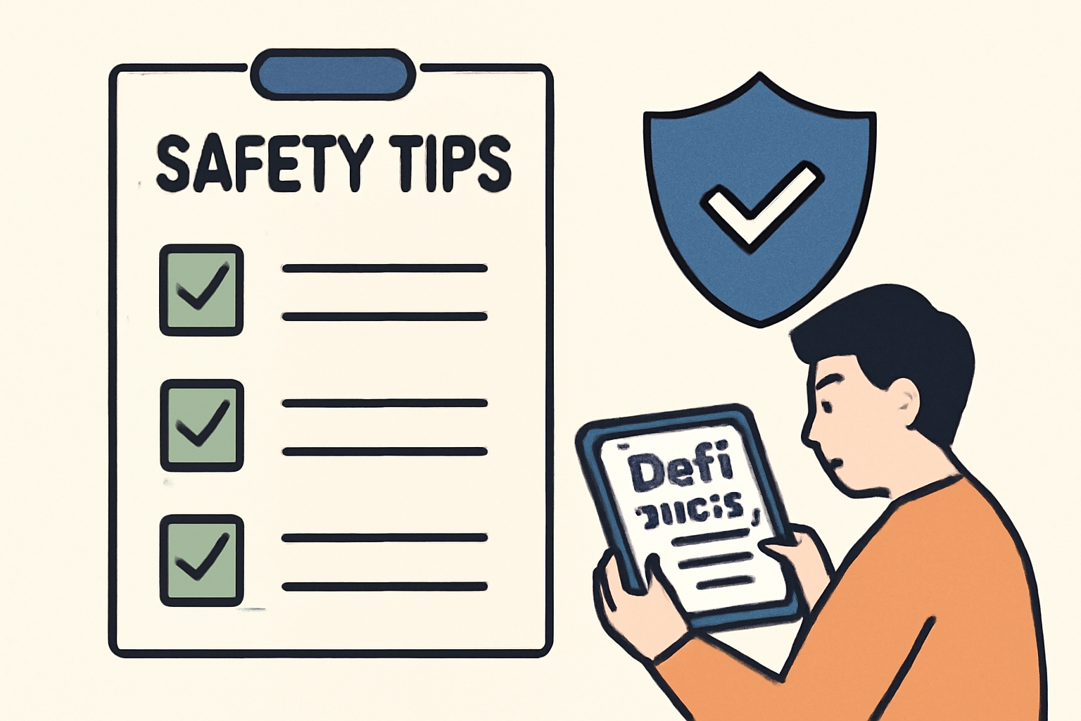 A checklist with safety tips, a shield icon, and a user reading DeFi news on a tablet, emphasizing vigilance and learning.