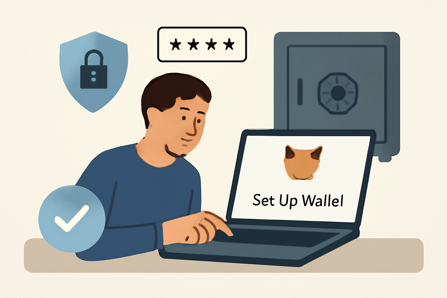 A person carefully setting up a MetaMask or Coinbase Wallet on their laptop, with security icons and a digital vault in the background.