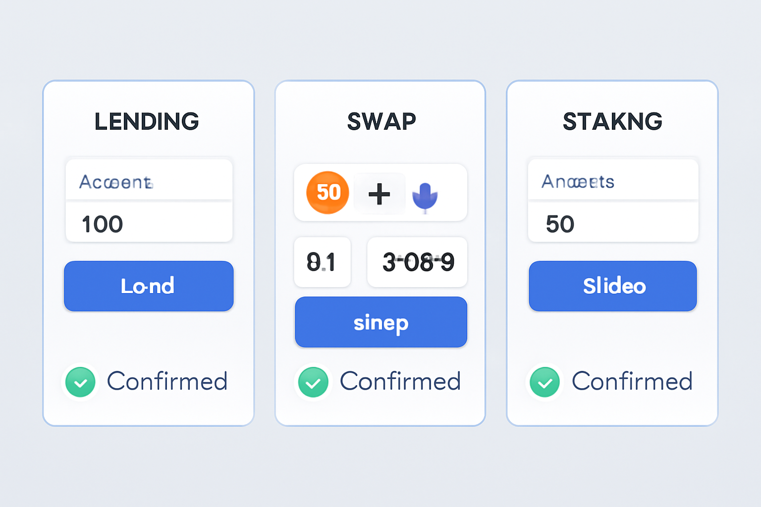A dashboard showing lending, swapping, and staking options, with small amounts being entered and confirmation screens displayed.