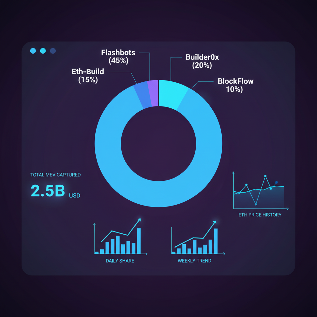 futuristic dashboard chart displaying Ethereum MEV builder market shares, neon blues and graphs